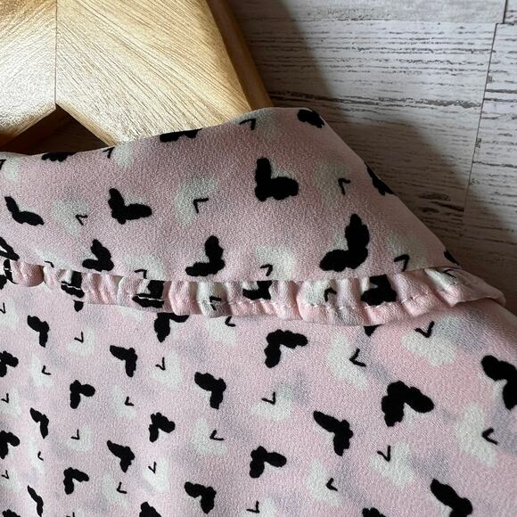 Talbots Blouse Womens Size Large Pink & Black Butterfly Bird Pintuck Peter Pan - Picture 15 of 16